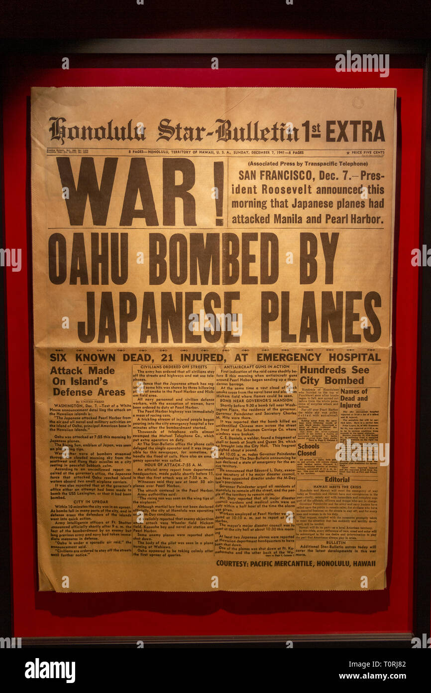 Il Star-Bulletin Honolulu il 7 dicembre 1941 il seguente attacco giapponese a Pearl Harbor, Mémorial de Caen (Caen Memorial), in Normandia, Francia. Foto Stock