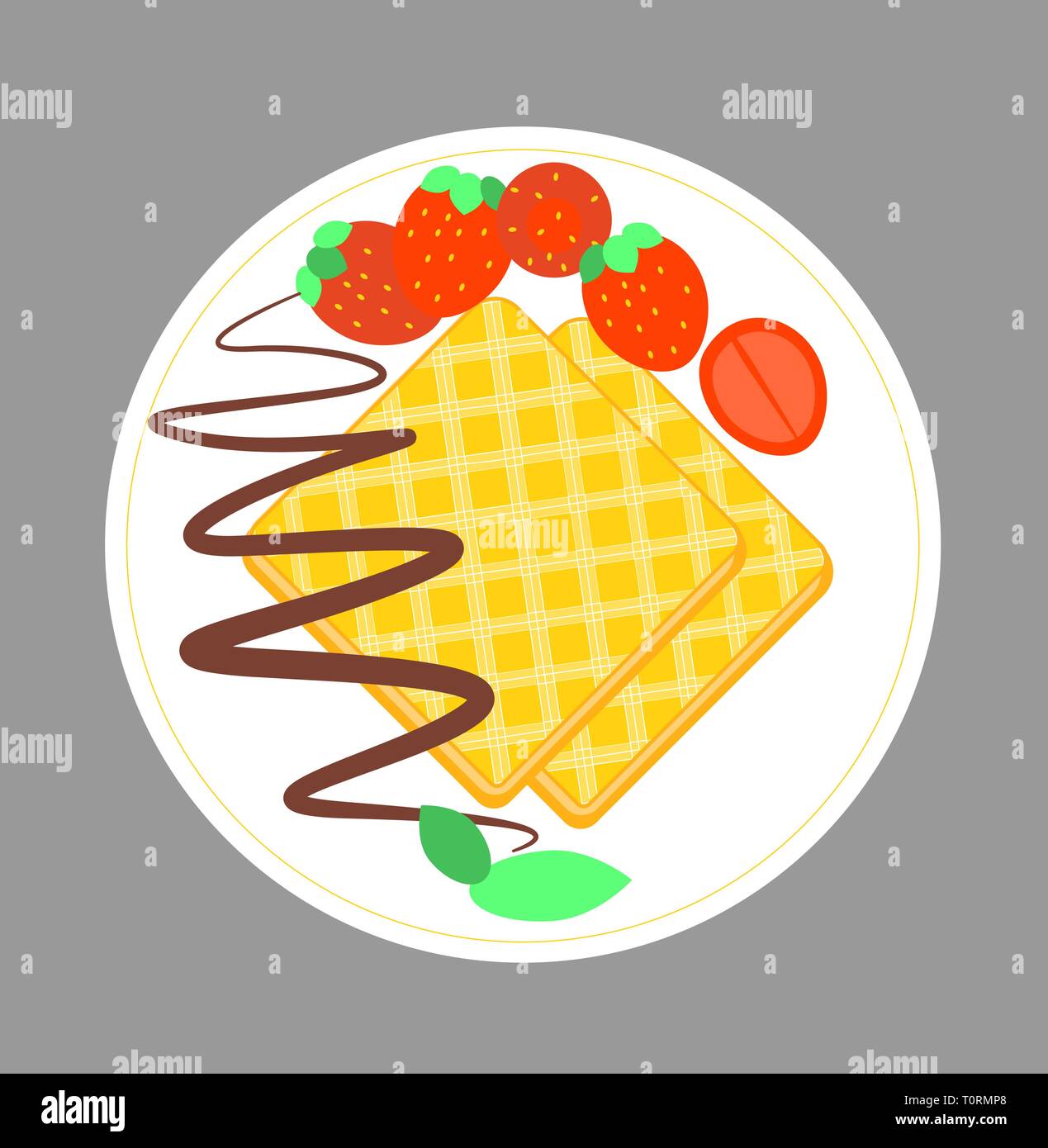 Waffle su un piattino bianco con cioccolato e fragola su sfondo grigio. Illustrazione della fetta fetta di biscotto isolati su strato. Vettore cooki croccante Illustrazione Vettoriale