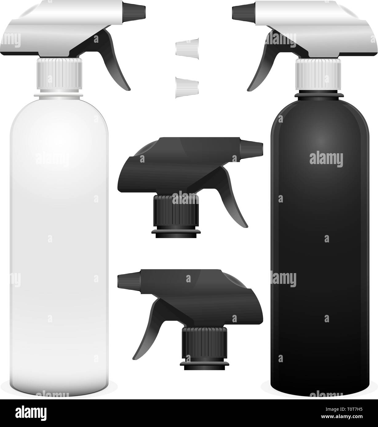 Set di bottiglie spray con detalies. Realistico illustrazione vettoriale della pistola di spruzzatura a pompa con mocup in bianco e nero e a colori. Può essere utilizzato per il detergente, l Illustrazione Vettoriale
