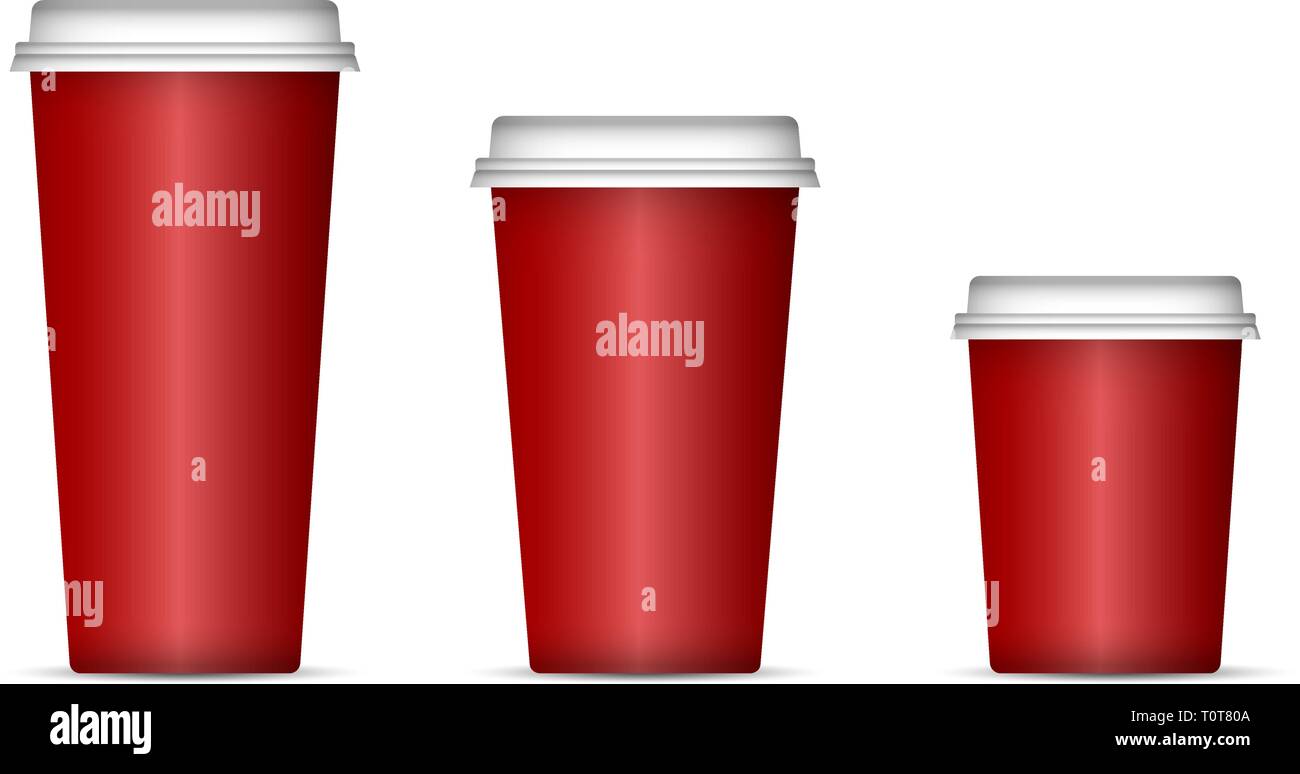Mockup del rosso bicchieri di carta per il caffè o il tè con coperchio. Realistiche in 3D illustrazione vettoriale isolati su sfondo bianco. Illustrazione Vettoriale