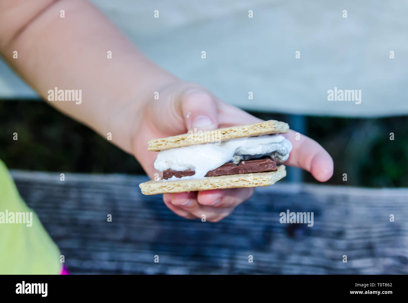 Smore, un delizioso dolce trattare con arrosti di marshmallow, graham cracker e cioccolato. Un giovane bambino la mano che regge un smore che è stata fissata all'esterno. Foto Stock