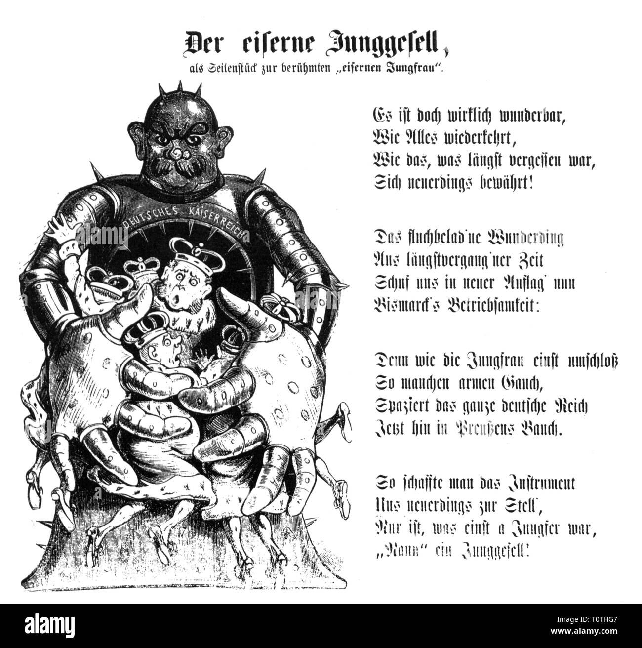 Politica, fondazione dell'impero tedesco, caricatura, Sud paesi tedeschi di entrare nel Nord tedesco confederazione, Bismarck huddles il tedesco stati centrale nel suo ventre, 'Il ferro batchelor', disegno, 'Kikeriki", Vienna, 21.11.1870, Additional-Rights-Clearance-Info-Not-Available Foto Stock