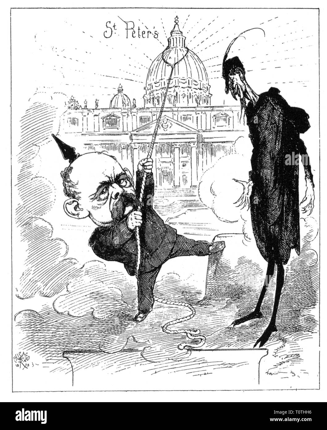 Politica, Kulturkampf, caricatura, Bismarck è il tentativo di abbattere la cupola della Basilica di San Pietro, "Bismarck e il Satana", disegno da Felix Regamey, Chicago, 1875, Additional-Rights-Clearance-Info-Not-Available Foto Stock