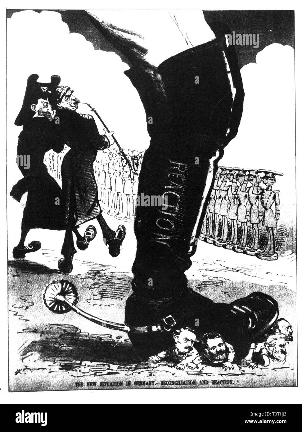 Politica, diritto Anti-Socialist, caricatura, "La nuova situazione in Germania. La riconciliazione e la reazione', disegno, 'Puck', New York City, 21.8.1878, Additional-Rights-Clearance-Info-Not-Available Foto Stock