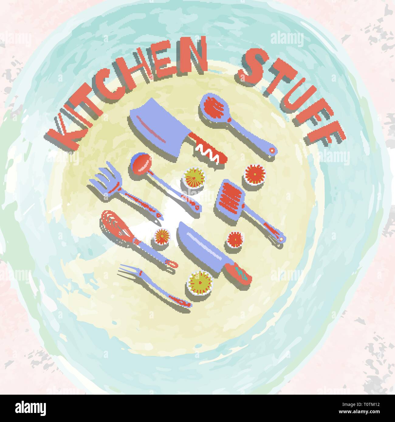 Colorato di tutti gli utensili da cucina e posate set per disegno Illustrazione Vettoriale