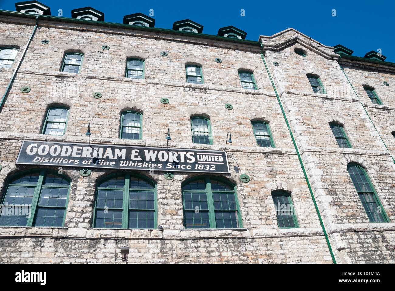 Un segno su uno dei vecchi edifici in Toronto's Historic Distillery District Foto Stock