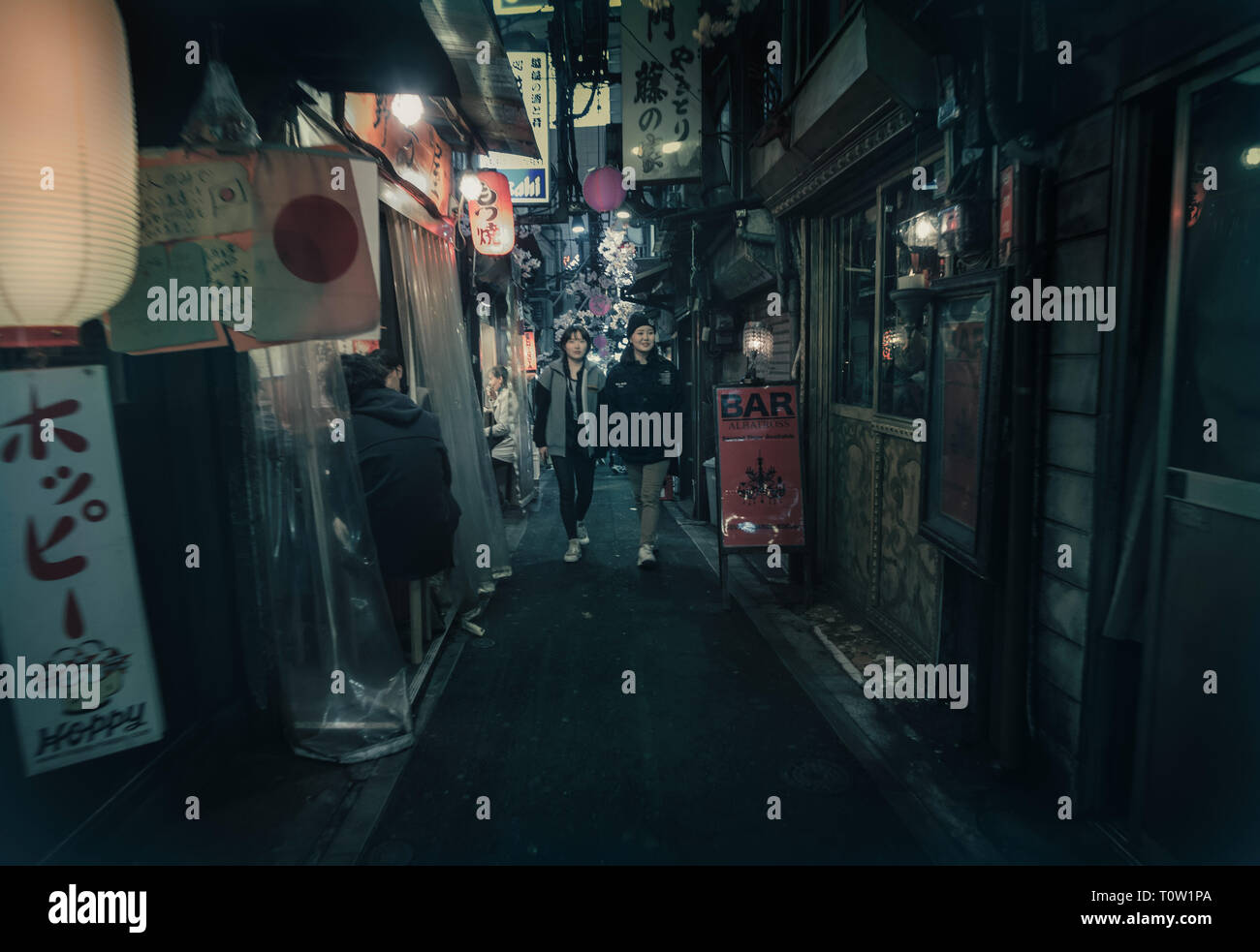 Serata in Omoide Yokocho in Shinjuku, Tokyo. Omoide Yokocho è un labirinto di stretti vicoli vicino alla Stazione di Shinjuku famosa per i suoi piccoli ristoranti. Foto Stock