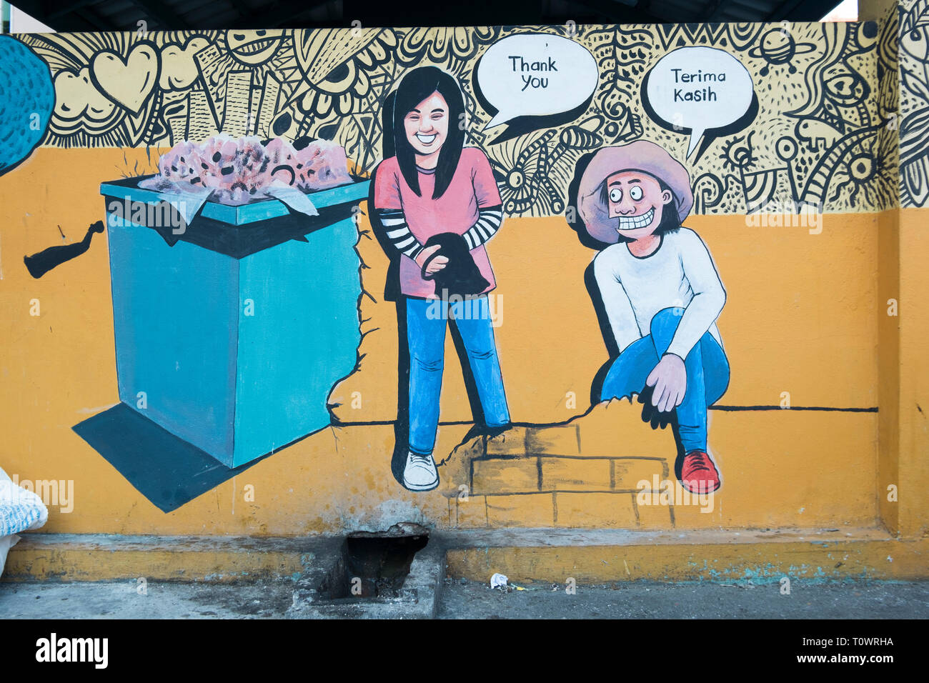 Un PSA, servizio pubblico messaggio circa il cestino a Kota Kinabalu, Sabah Borneo Malese. Foto Stock