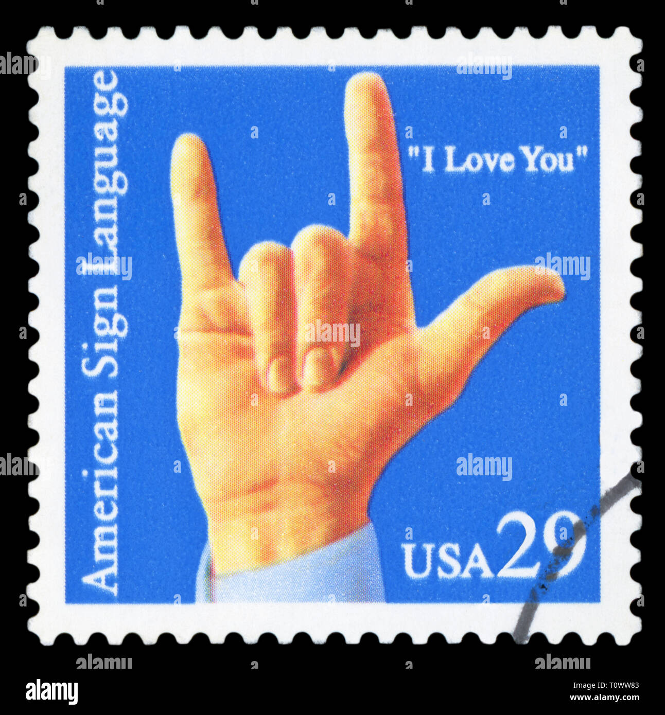 Stati Uniti d'America, circa 1993: una fase di affrancatura postale timbro stampato negli Stati Uniti mostra un'immagine di una mano che "ti amo " segno di commemorazione Foto Stock