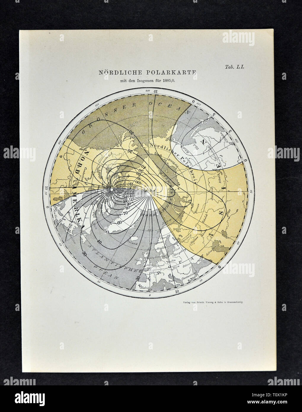 1894 Muller mappa dell'Artico Polo Sud che mostra il magnetico linee Isogonic nell'anno 1885 Foto Stock