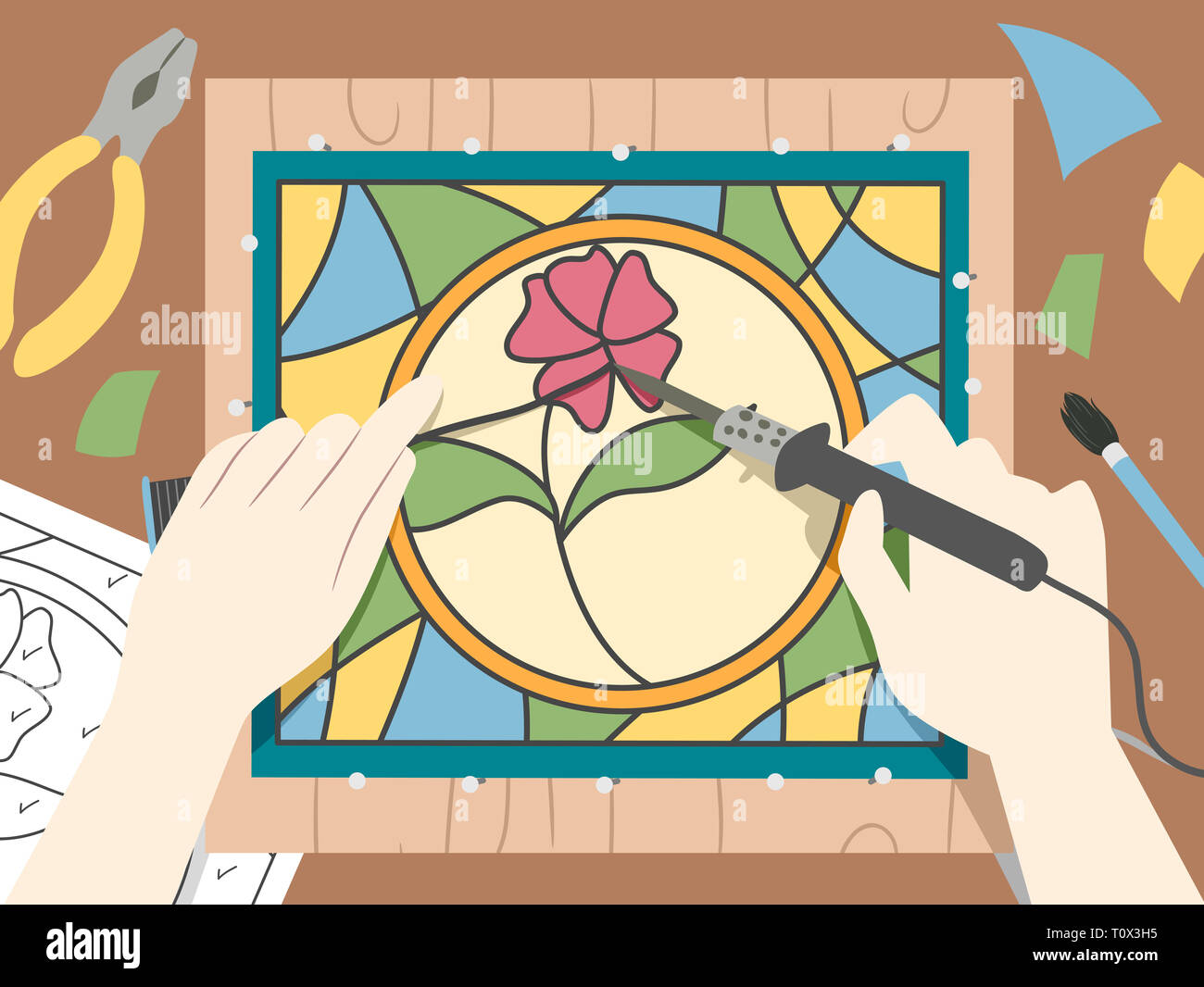 Illustrazione di mani tenendo un ferro da saldatore per rendere il vetro  macchiato Foto stock - Alamy