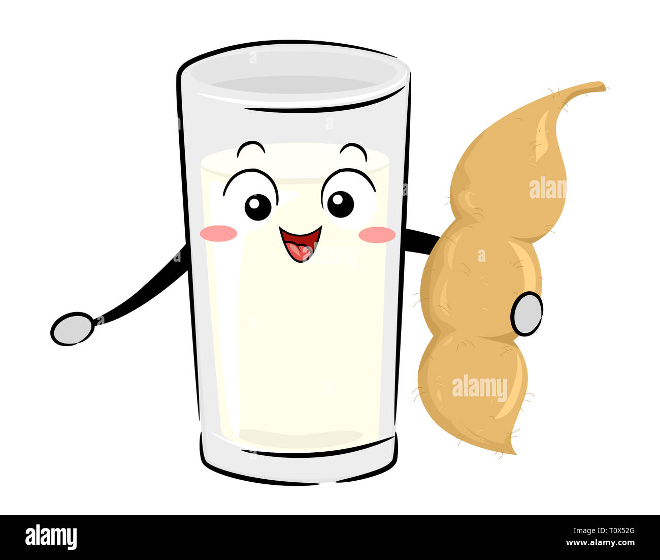 Illustrazione di un bicchiere di latte di soia mascotte tenendo un pod di soia Foto Stock