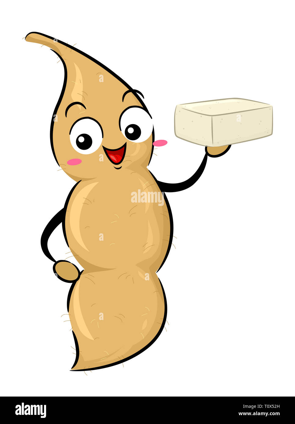 Illustrazione di un pod di soia tenendo un blocco di tofu Foto Stock