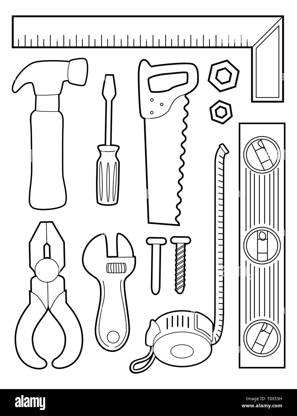 Illustrazione di una pagina di colorazione dei diversi strumenti di costruzione dal righello, martello, cacciavite, Sega, pinze per nastro di misurazione Foto Stock