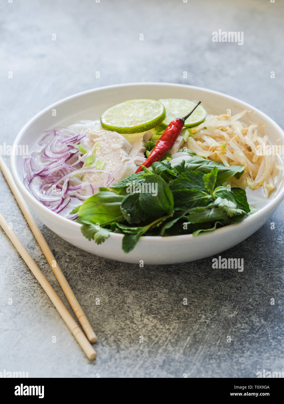 Tradizionale zuppa vietnamita- pho ga in bianco ciotola con pollo e riso tagliatelle, menta e coriandolo, verde e rosso cipolla, peperoncino, i germogli di soia e calce Foto Stock