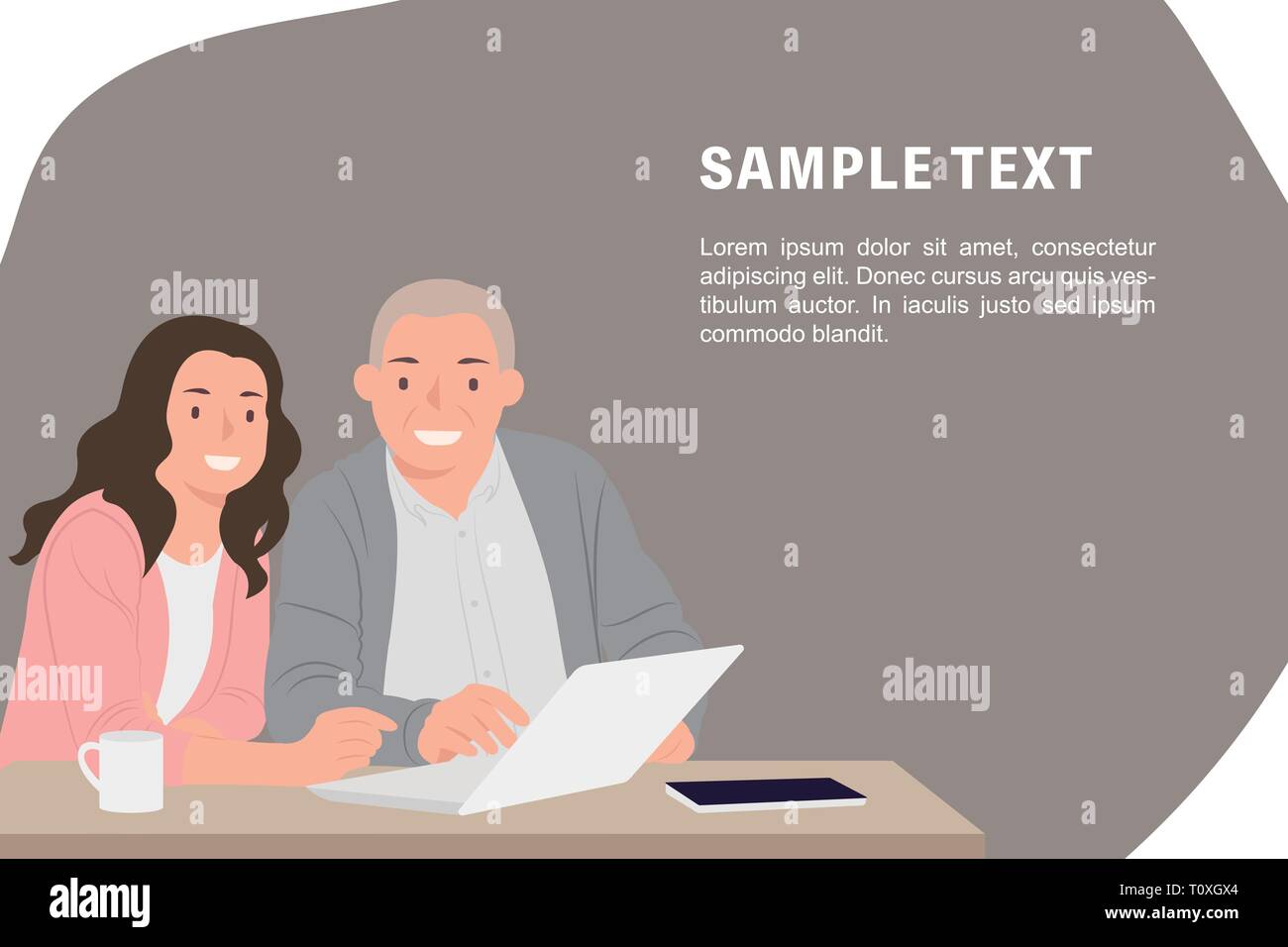 Cartoon persone character design modello di pagina di intestazione figlia giovane padre di insegnamento come utilizzare il laptop. Ideale sia per la stampa e il web design. Illustrazione Vettoriale