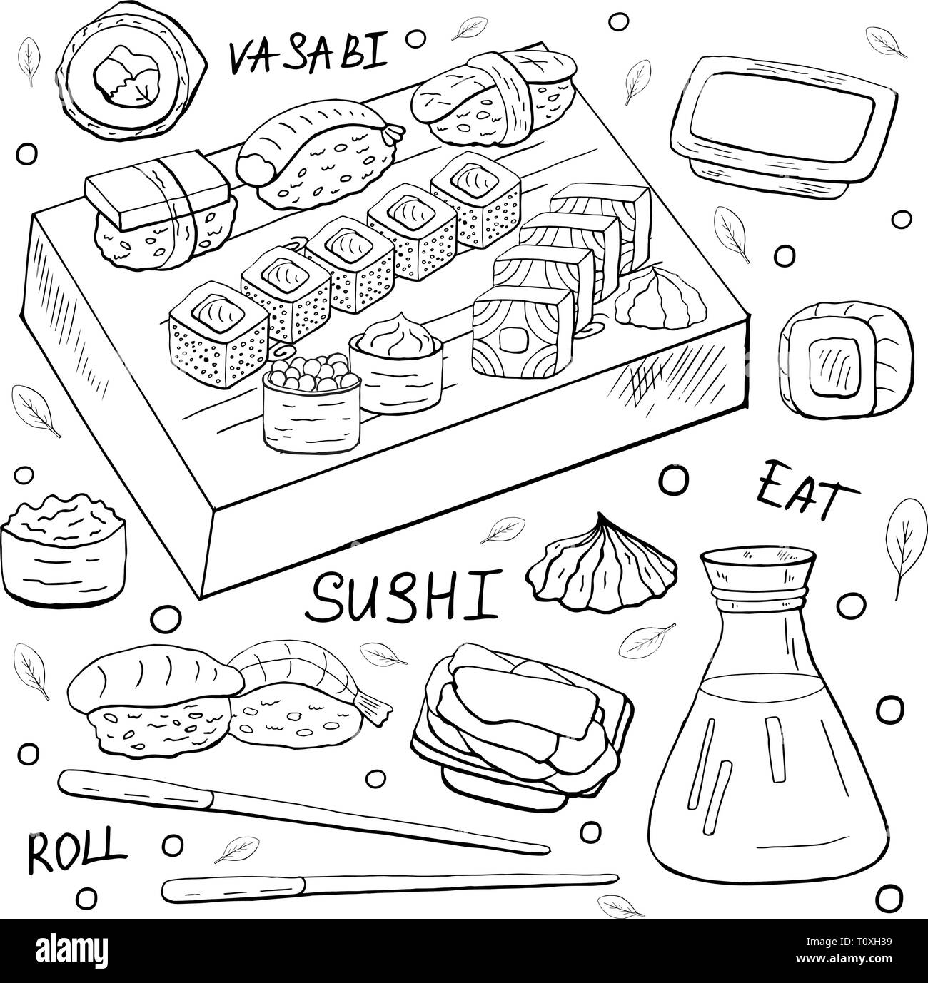 Giappone sushi elementi contorno su sfondo bianco. Vettore Collezione sushi in bianco e nero Illustrazione Vettoriale