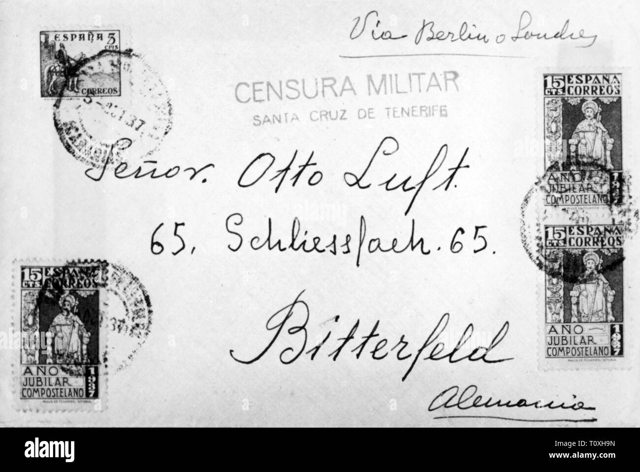 E-mail, lettere, Spagna, lettera a Otto Luft, Casella postale indirizzo, Bitterfeld, con timbro postale 1937, Additional-Rights-Clearance-Info-Not-Available Foto Stock