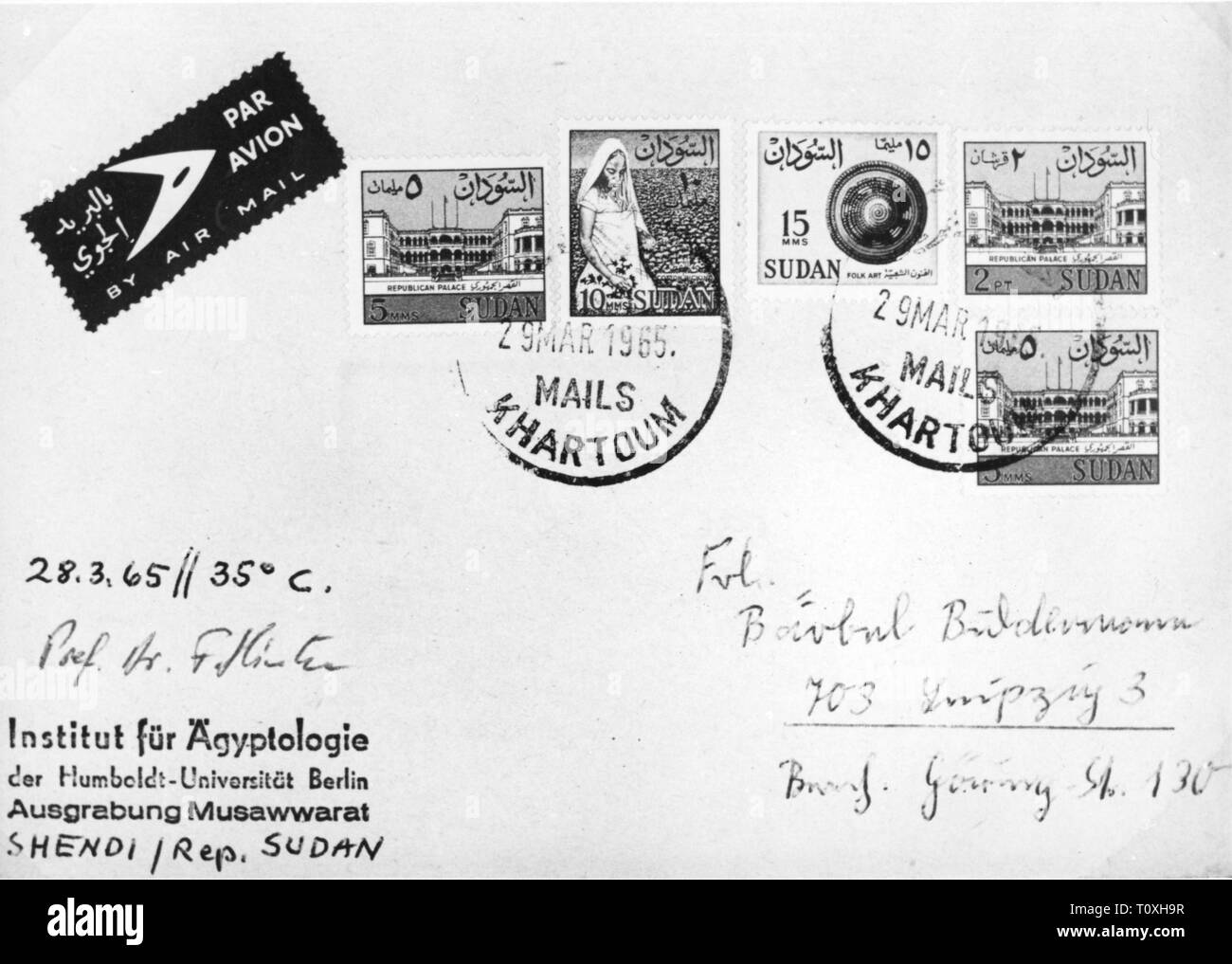 E-mail, lettera, Spagna, Lettera dell'Istituto di Egittologia della Humboldt University di scavo, Musawwarat Shendi, Sudan, con timbro postale in Khartum, 29.3.1965, Additional-Rights-Clearance-Info-Not-Available Foto Stock
