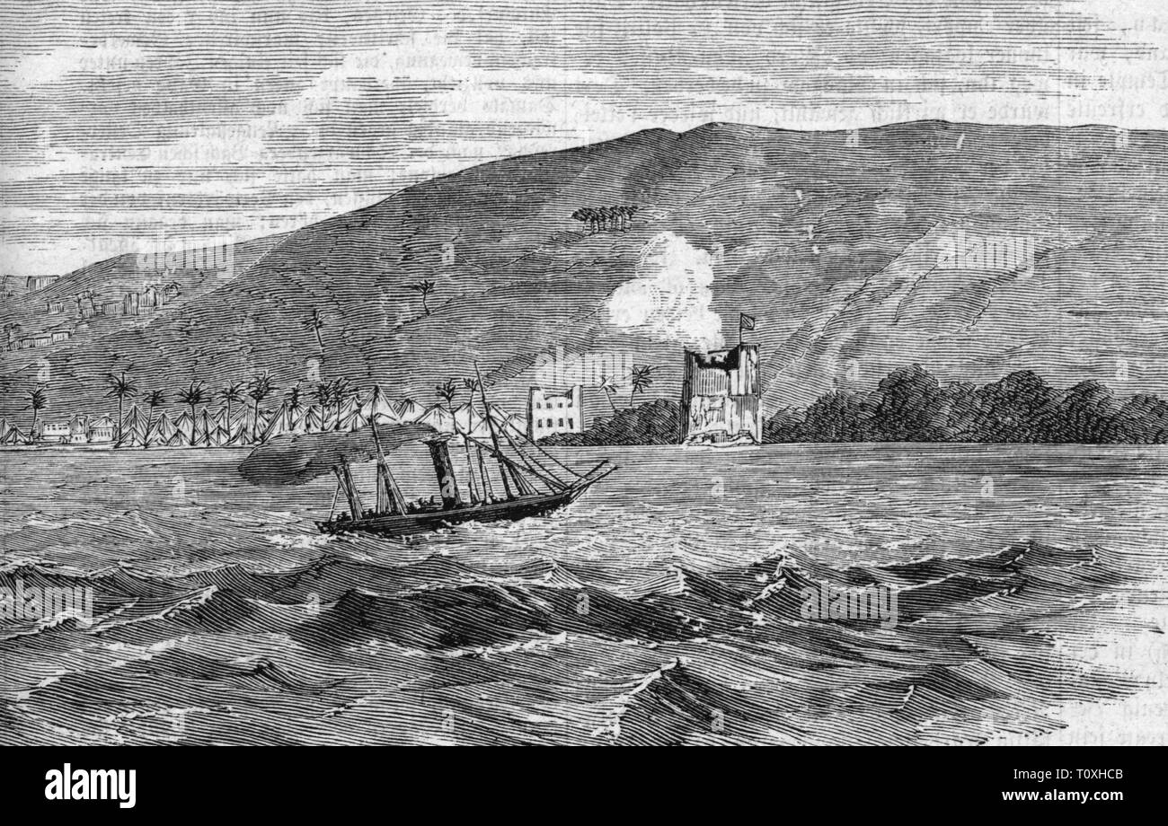 Hispano-Moroccan Guerra 1859 - 1860, bombardement di Tetuan dal vapore spagnolo corvette 'Rosalie', 4.- 5.2.1860, contemporanea incisione su legno, prima Hispano - guerra marocchini, guerra coloniale, navi da guerra, navi da guerra, corvette, corvette, marina spagnola, costa, Riva, coste, rive, Oceano Atlantico, Oceano Atlantico, Oceano Mare, mari, sgusciatura, shellings, Regno di Marocco, il Regno di Spagna, Africa del XIX secolo, il bombardamento, bombardamenti, storico, storico Additional-Rights-Clearance-Info-Not-Available Foto Stock