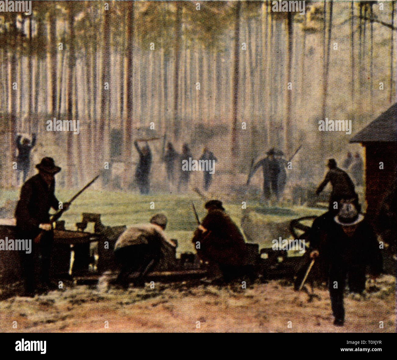 Seconda Intifada in Alta Slesia, 19.8. - 25.8.1920, scaramuccia tra il polacco di organizzazione militare e della polizia speciale della Slesia superiore di auto organizzazione di protezione, fotografia colorata, carta di sigaretta, serie 'Die Nachkriegszeit', 1935, Polska Organizacja Wojskowa Górnego Slaska, Bojowka Polska, Polonia, Slesia, insurrezione, insurrezioni, ribelli, ribelle, ribelli, revolter, revolters, i ribelli, persone, Germania Reich tedesco, Repubblica di Weimar, 1920s, xx secolo, seconda 2nd, ribellione, rising, sommosse, scaramuccia, colorata, colore, Additional-Rights-Clearance-Info-Not-Available Foto Stock