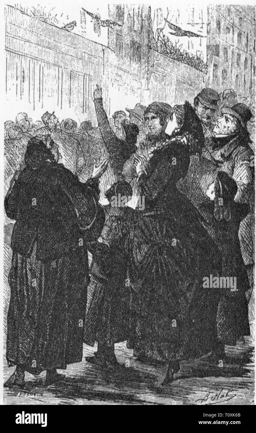 Guerra franco-prussiana 1870 - 1871, Assedio di Parigi, 19.9.1870 - 28.1.1871, Parigini attendono l arrivo di piccioni viaggiatori, incisione su legno, secolo XIX, Franco - Guerra Prussiano, posta, e-mail, news, la folla folla folla di gente, Francia, Terza repubblica, assedio, assedi, attendono, in attesa, il piccione viaggiatore, messenger pigeon, homing pigeon, Omero, piccioni viaggiatori, messenger piccioni, homing piccioni, tra, storico, storico Additional-Rights-Clearance-Info-Not-Available Foto Stock