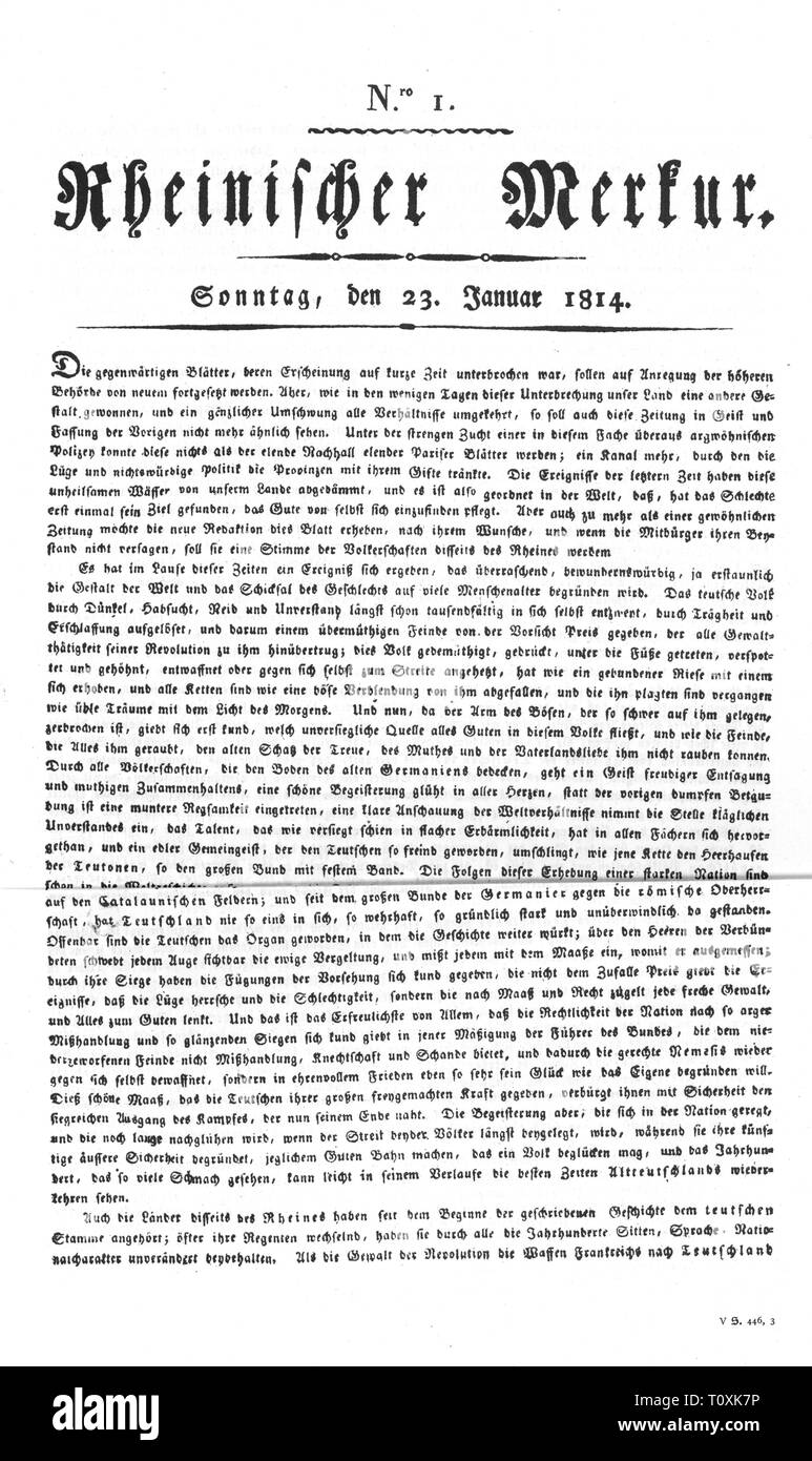 Premere il tasto / media, riviste, 'Rheinischer Merkur', front page, editor: Joseph Goerres (1776 - 1848), con il numero 1, Coblenza, 23.1.1814, Additional-Rights-Clearance-Info-Not-Available Foto Stock