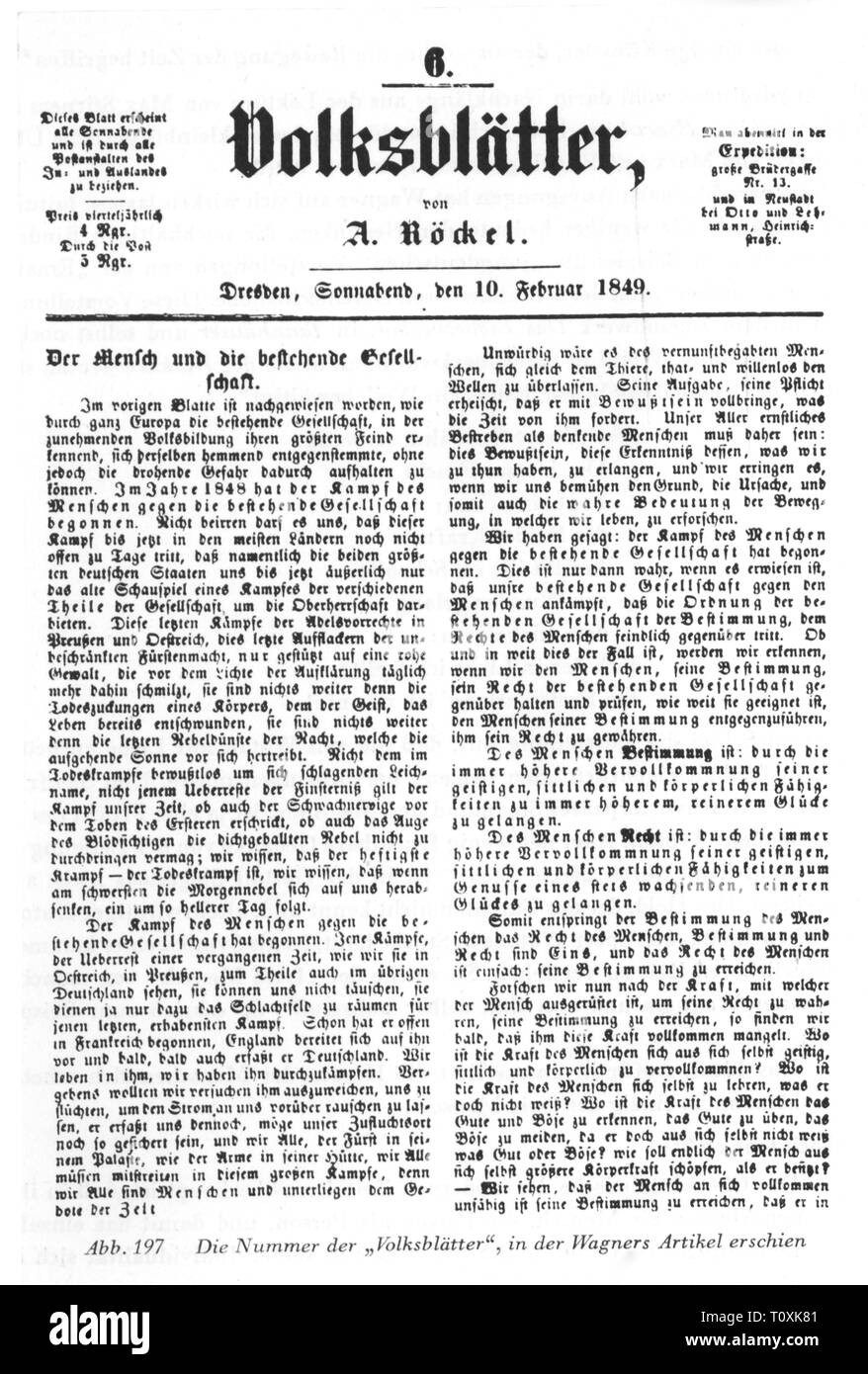 Premere il tasto / media, riviste, 'Volksblaetter', front page, editor: Agosto Roeckel (1814 - 1876), numero 6, Dresda, 10.2.1849, Additional-Rights-Clearance-Info-Not-Available Foto Stock