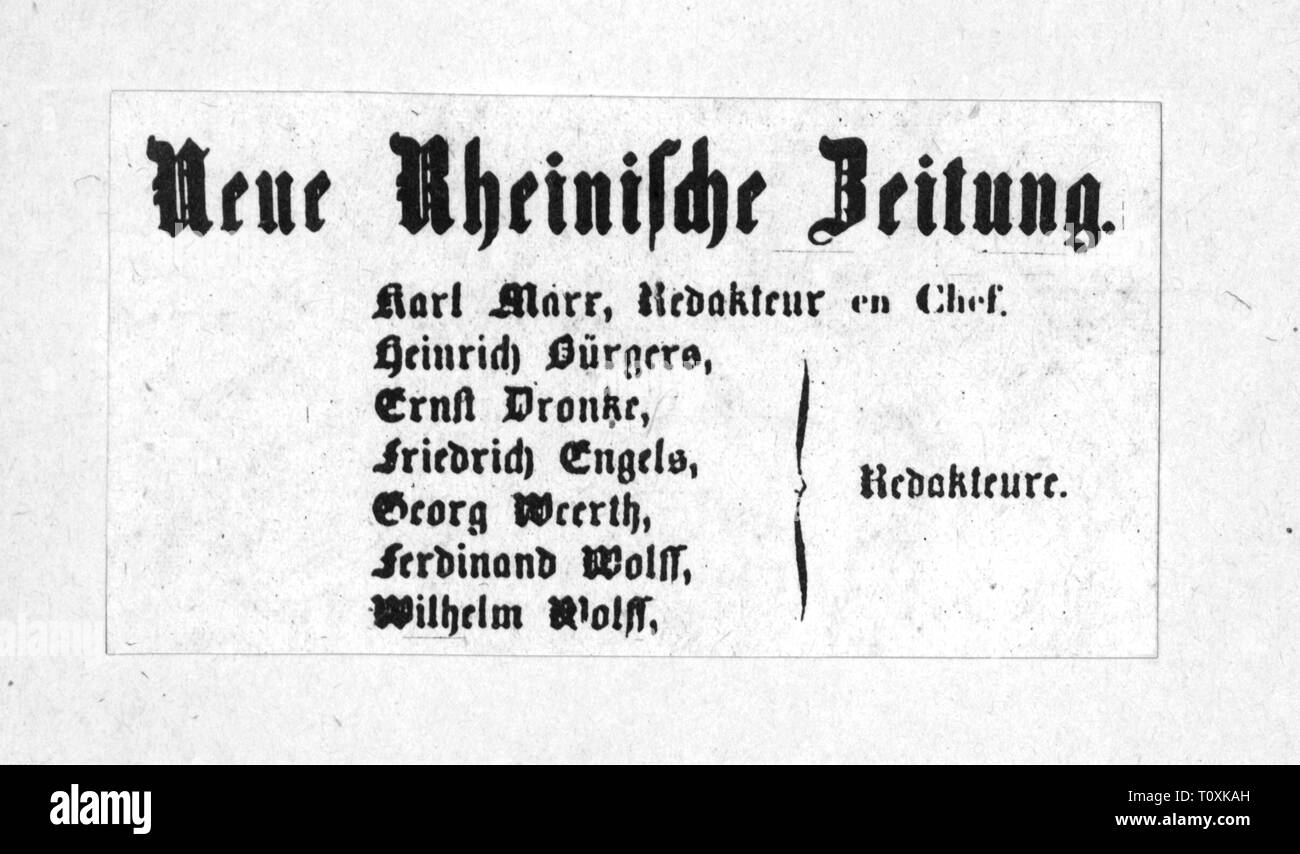 Premere il tasto / media, riviste, "Neue Rheinische Zeitung, imprint, editor: Karl Marx (1818 - 1883), Colonia, 1848 / 1849, Additional-Rights-Clearance-Info-Not-Available Foto Stock