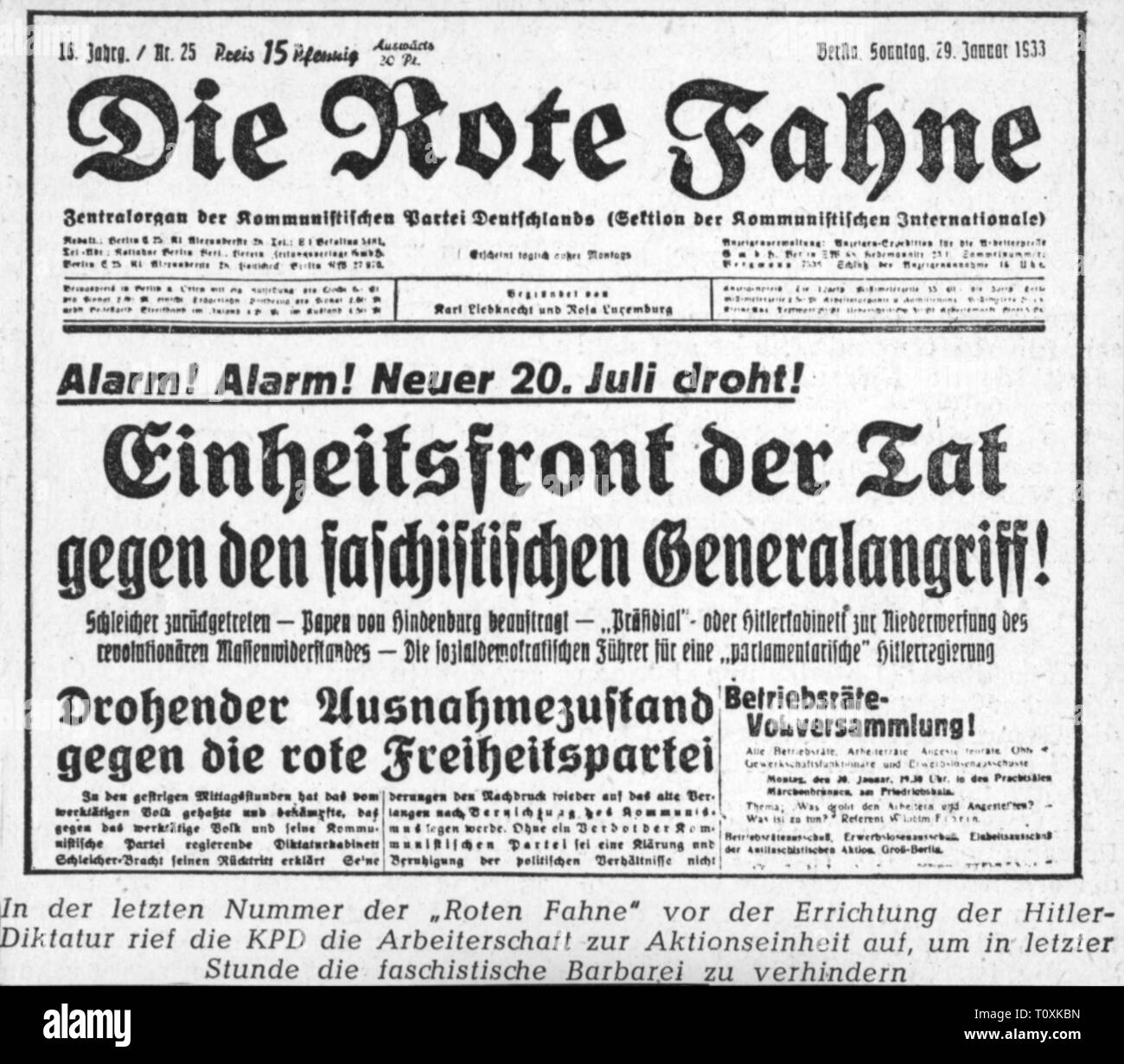 Premere il tasto / media, riviste, 'Die Rote Fahne' (la bandiera rossa), front page, volume XVI, numero 25, Berlino, 29.1.1933, Additional-Rights-Clearance-Info-Not-Available Foto Stock