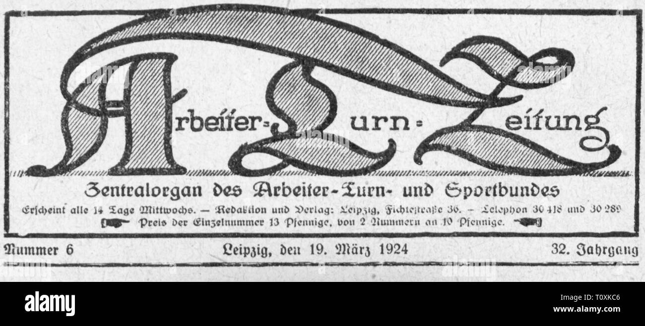 Premere il tasto / media, riviste, 'Arbeiter-Turnzeitung' (Lavoratori Carta di ginnastica), front page, XXXII volume, numero 6, Lipsia, 19.3.1924, Additional-Rights-Clearance-Info-Not-Available Foto Stock