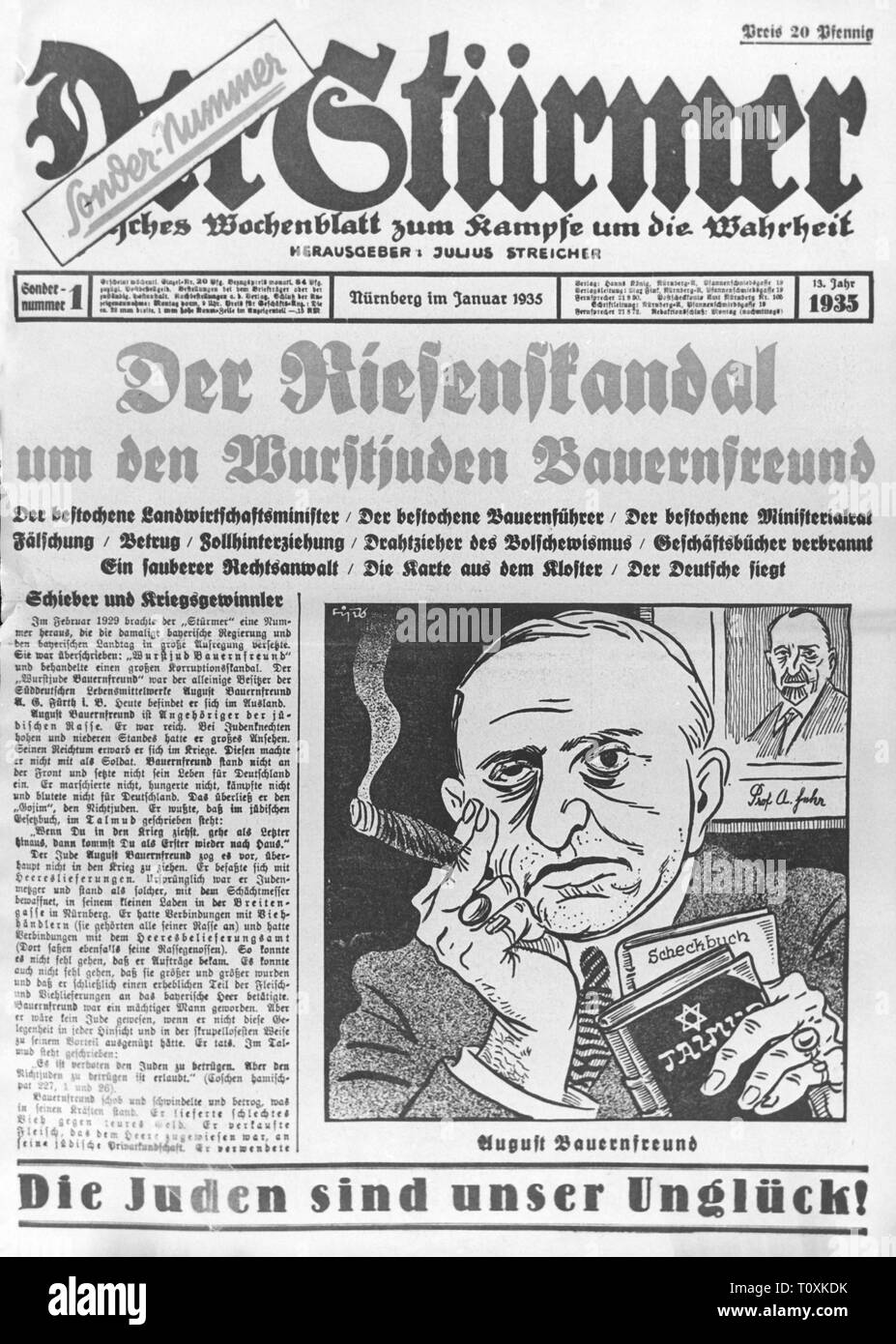 Il Nazionalsocialismo, stampa / media, 'Der Stuermer', front page, editor: Julius Streicher (1882 - 1946), volume XIII - Edizione speciale 1, Norimberga, gennaio 1935, artista del diritto d'autore non deve essere cancellata Foto Stock