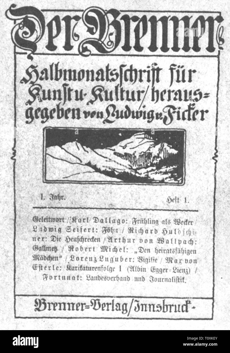 Premere il tasto / media, riviste, 'Der Brennero', front page, editor: Ludwig von Ficker (1880 - 1967), 1° anno, libro 1, Innsbruck, 1910, Austria-Ungheria, Austria - Ungheria, grafica, grafica, titolo, titoli, colophon, script, Script di tipo tedesco, belle arti, arte, art magazine, Cultura, culture, rivista culturale, disegno, errore di battitura, il carattere tipografico Tipo, caratteri tipografici, font, tipi, font, il ventesimo secolo, 1910s, premere, presse, editor, editor prenota, libri, storico, storico Additional-Rights-Clearance-Info-Not-Available Foto Stock Premere il tasto / media, riviste, 'Der Brennero', front page, editor: Ludwig von Ficker (1880 - 1967), 1° anno, libro 1, Innsbruck, 1910, Austria-Ungheria, Austria - Ungheria, grafica, grafica, titolo, titoli, colophon, script, Script di tipo tedesco, belle arti, arte, art magazine, Cultura, culture, rivista culturale, disegno, errore di battitura, il carattere tipografico Tipo, caratteri tipografici, font, tipi, font, il ventesimo secolo, 1910s, premere, presse, editor, editor prenota, libri, storico, storico Additional-Rights-Clearance-Info-Not-Available Foto Stock