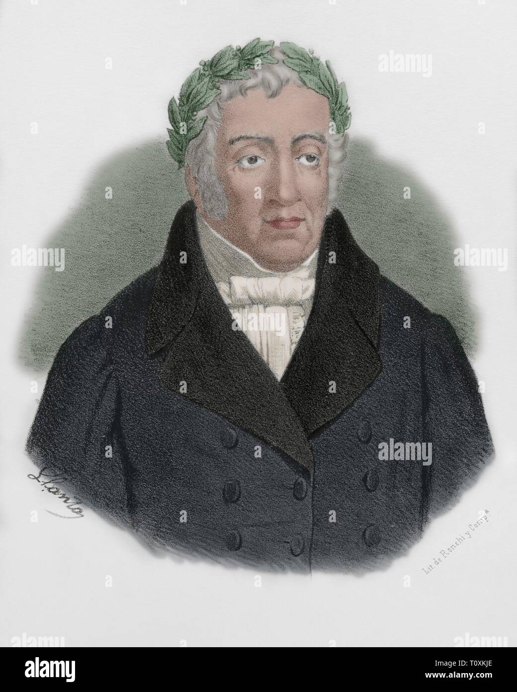 Manuel José Quintana (1772-1857). Poeta español de la Ilustración y una de las figuras más importantes en la etapa de transición al Romanticismo. Dibujo por Llanta. Litografía. Coloreada. Crónica General de España, Historia Ilustrada y Descriptiva de sus Provincias. Castilla-La Nueva, 1869. Foto Stock