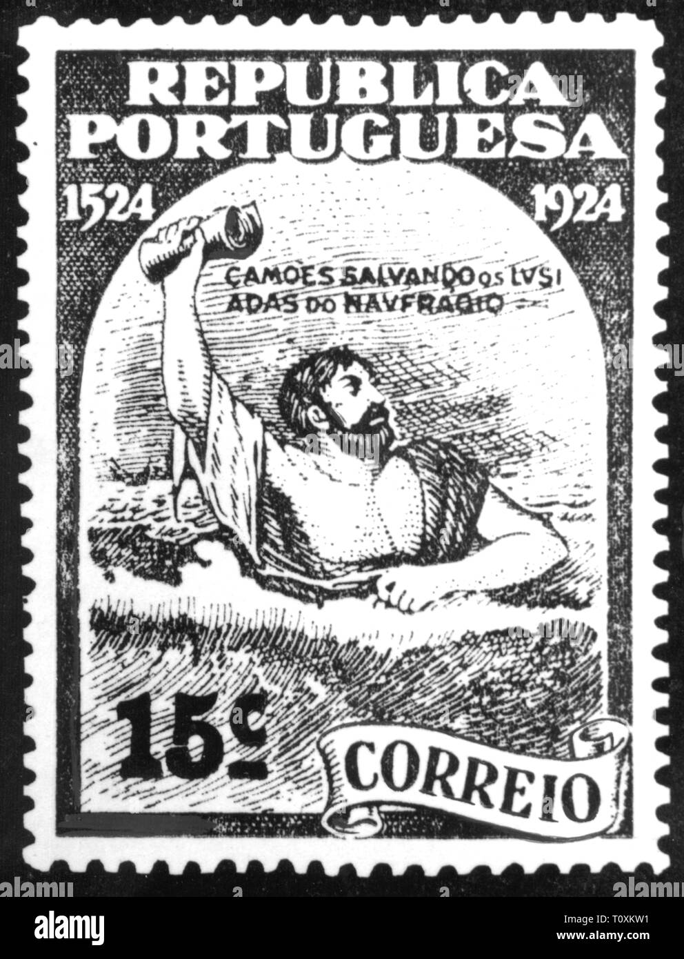 Mail, francobolli, Portogallo, 15 centavos special issue, quattrocentesimo anniversario della nascita di Luis de Camoes, design: Alberto de Sousa, data di rilascio: 11.11.1924, allegoria, persone, 1524, repubblica, repubbliche, xx secolo, 1920s, mail post, francobolli, francobollo, anniversario, anniversari, nascita, nascite, storico, storico Additional-Rights-Clearance-Info-Not-Available Foto Stock
