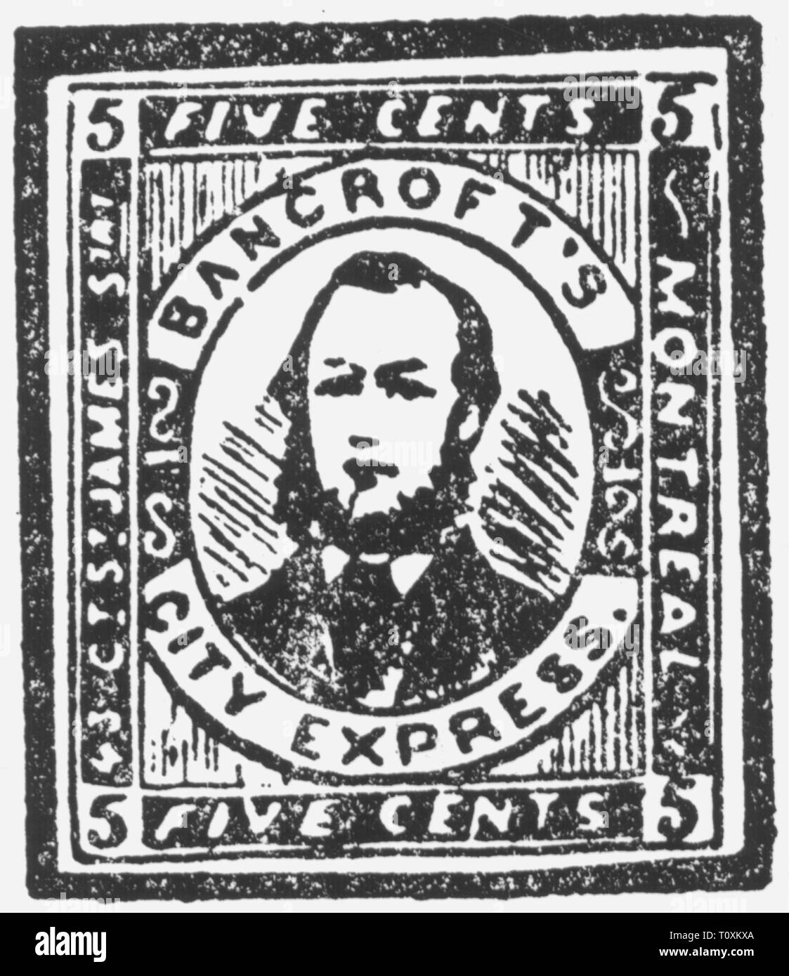 Mail, francobolli, falsificazione fake 5 cent francobollo, Bancroft del servizio urbano a Montréal, Canada, falsificazione di Samuel Allan Taylor, circa 1866, Additional-Rights-Clearance-Info-Not-Available Foto Stock