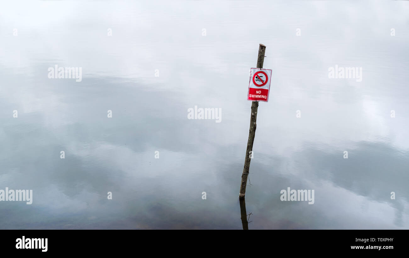 Un segno di divieto di balneazione su un palo di legno nella stagnante acqua blu di un lago con nebbia e nuvole riflessa Foto Stock