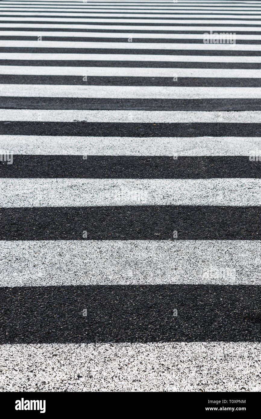 Close-up di bianco attraversamento pedonale su asfalto nero strada in mezzo al traffico Foto Stock