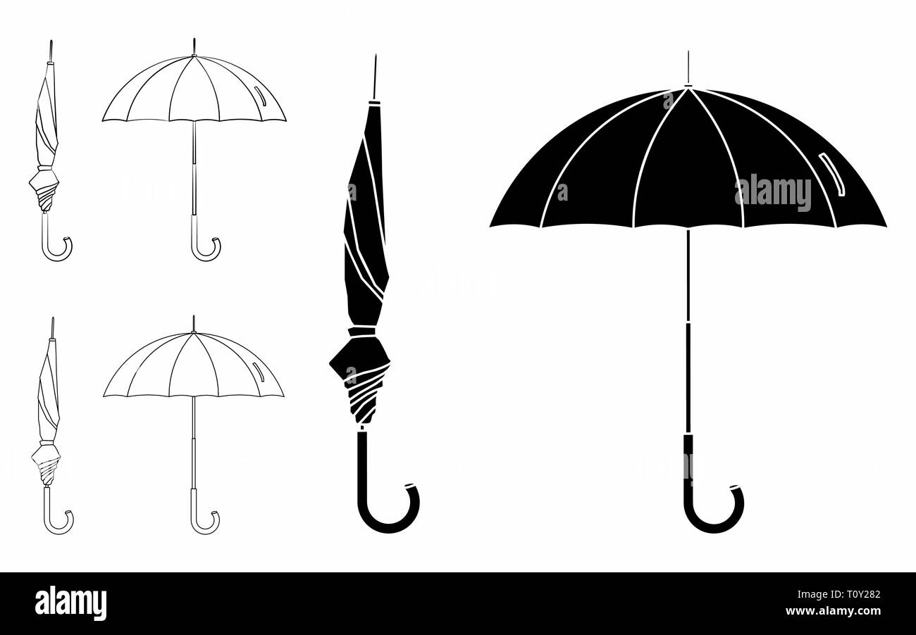 Ombrello chiuso e aperto. Solo il profilo. Riempimento nero. Illustrazione Vettoriale