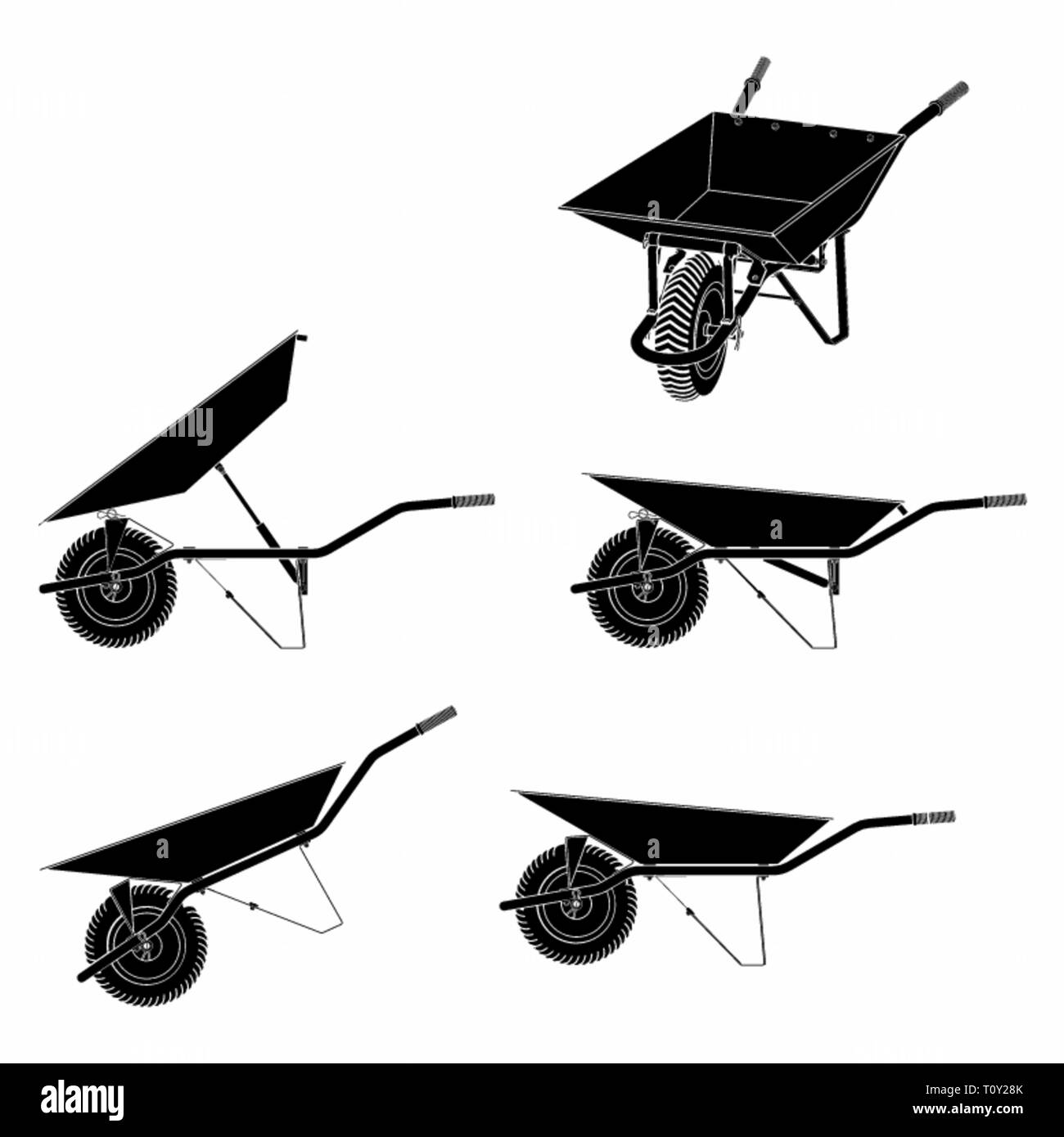 Carriola viste multiple e riempimento nero. Illustrazione Vettoriale