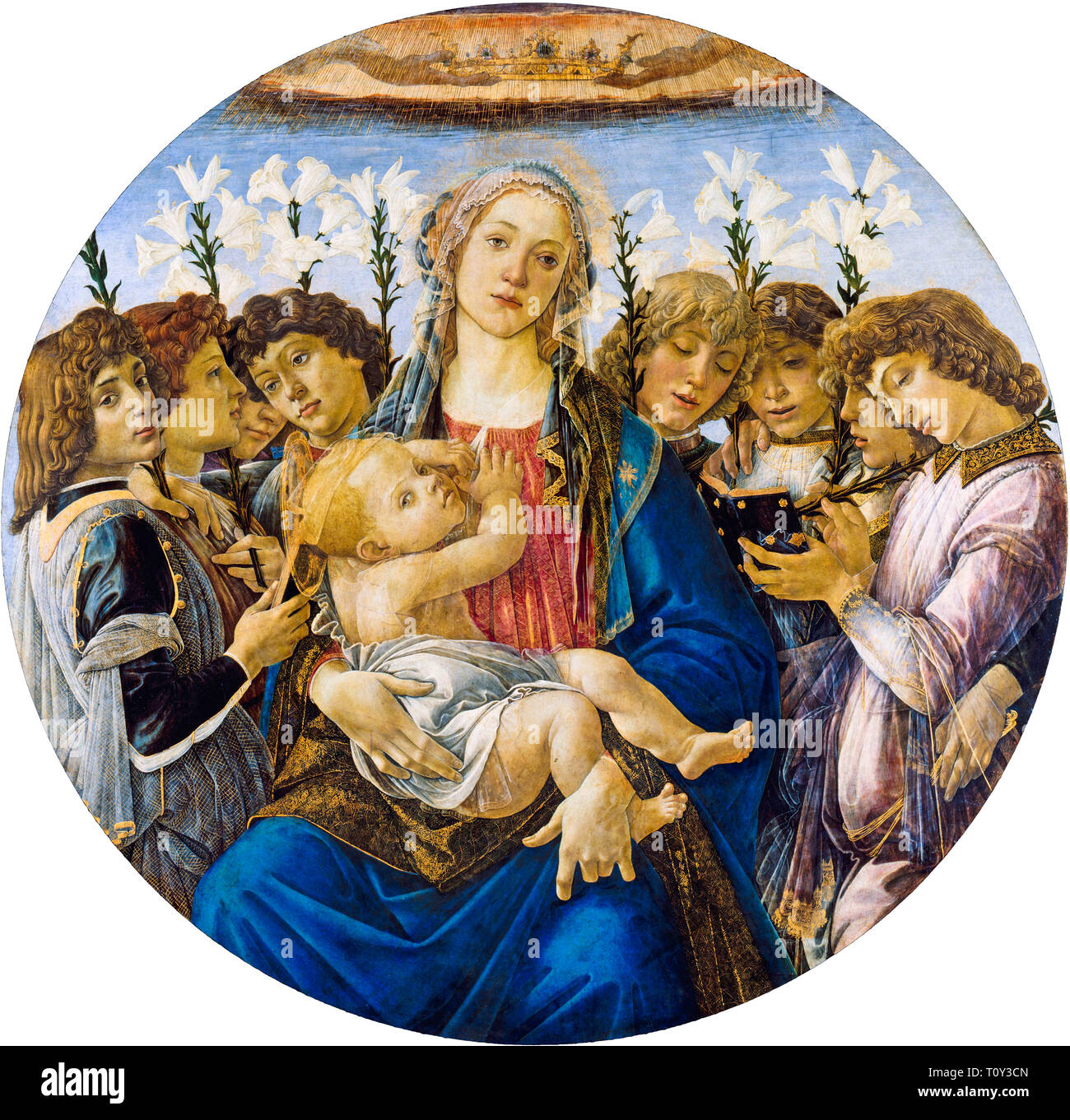 Sandro Botticelli, Maria con Bambino e Angeli Cantanti, dipinto ad olio su legno di pioppo, circa 1477 Foto Stock