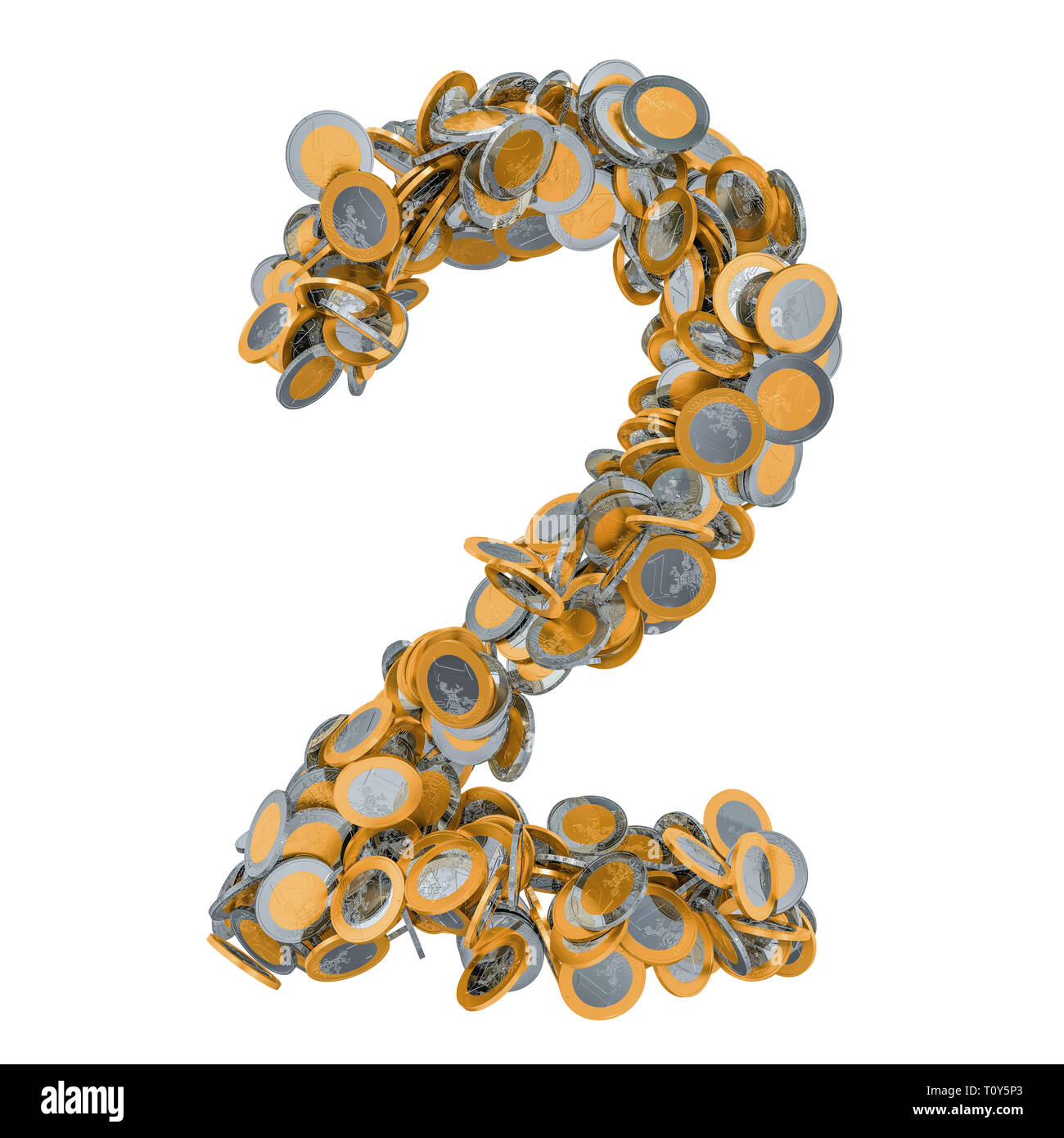 Numero 2 dal conio di monete metalliche in euro. 3D rendering isolati su sfondo bianco Foto Stock
