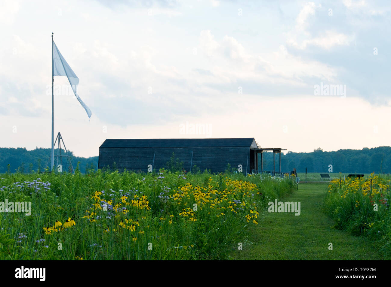 La riproduzione dei fratelli Wright' 1905 hangar si erge tra fiori selvatici a Huffman Prairie campo di volo, Dayton, Ohio, dove il Wrights sviluppare Foto Stock