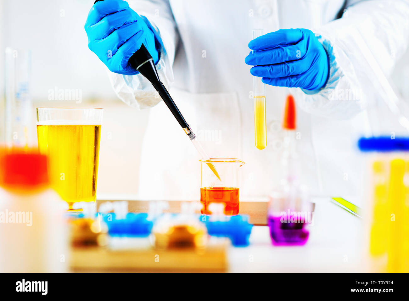 Il controllo di qualità esperto di ispezionare la birra in laboratorio Foto Stock