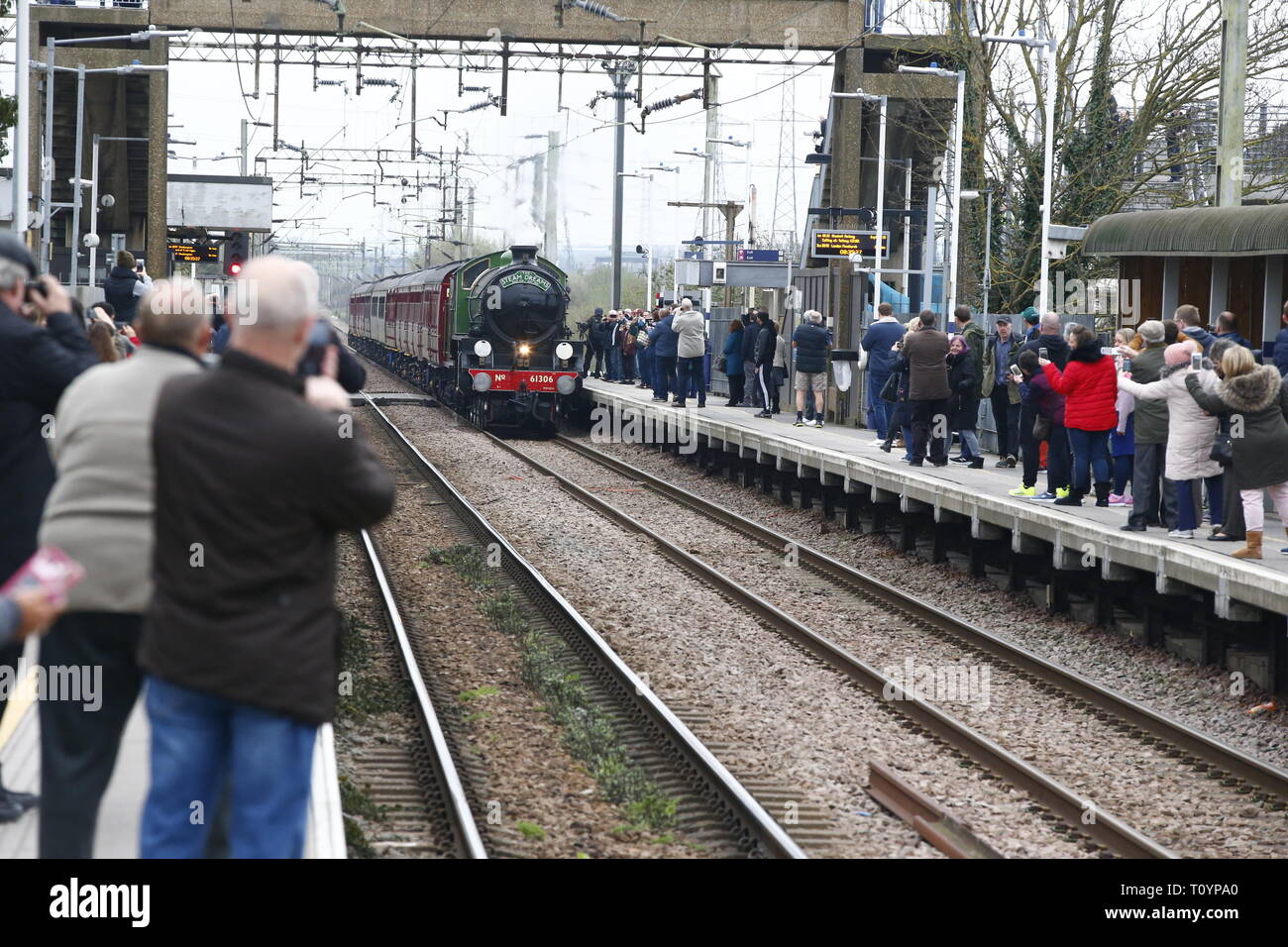 Rainham, Regno Unito. 23 marzo, 2019. Mayflower attraversando il paese di Essex lato e fermandosi a Rainham Essex stazione. Il Mayflower 61306 è uno dei due sopravvissuti di B1 locomotive classe fu costruito per il London & North Eastern Railway, 61306 Mayflower è uno dei due sopravvissuti di B1 classe locomotive. Il B1's erano concepiti come il traffico misto di locomotori in grado di tirare express treni passeggeri nonché il traffico merci. Come potente, andare ovunque i motori, il B1's ha lavorato in tutta la maggior parte del Regno Unito della rete ferroviaria da East Anglia in Scozia. Credit: Azione Foto Sport/Alamy Live News Foto Stock