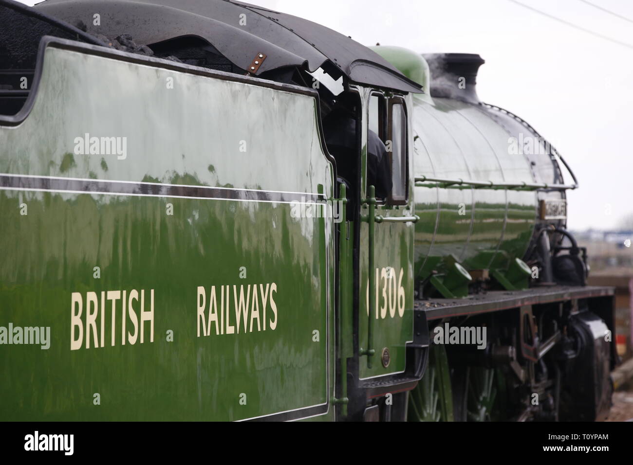 Rainham, Regno Unito. 23 marzo, 2019. Mayflower attraversando il paese di Essex lato e fermandosi a Rainham Essex stazione. Il Mayflower 61306 è uno dei due sopravvissuti di B1 locomotive classe fu costruito per il London & North Eastern Railway, 61306 Mayflower è uno dei due sopravvissuti di B1 classe locomotive. Il B1's erano concepiti come il traffico misto di locomotori in grado di tirare express treni passeggeri nonché il traffico merci. Come potente, andare ovunque i motori, il B1's ha lavorato in tutta la maggior parte del Regno Unito della rete ferroviaria da East Anglia in Scozia. Credit: Azione Foto Sport/Alamy Live News Foto Stock
