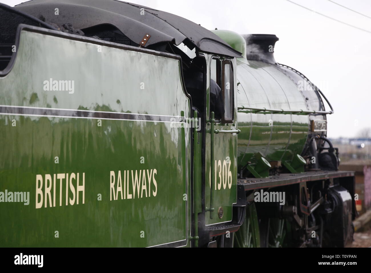Rainham, Regno Unito. 23 marzo, 2019. Mayflower attraversando il paese di Essex lato e fermandosi a Rainham Essex stazione. Il Mayflower 61306 è uno dei due sopravvissuti di B1 locomotive classe fu costruito per il London & North Eastern Railway, 61306 Mayflower è uno dei due sopravvissuti di B1 classe locomotive. Il B1's erano concepiti come il traffico misto di locomotori in grado di tirare express treni passeggeri nonché il traffico merci. Come potente, andare ovunque i motori, il B1's ha lavorato in tutta la maggior parte del Regno Unito della rete ferroviaria da East Anglia in Scozia. Credit: Azione Foto Sport/Alamy Live News Foto Stock