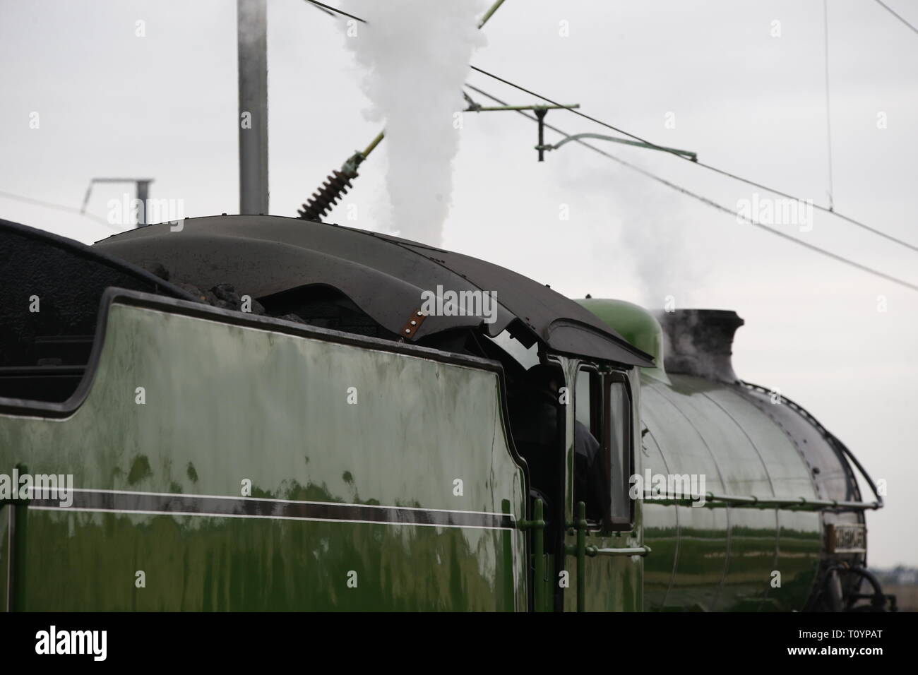 Rainham, Regno Unito. 23 marzo, 2019. Mayflower attraversando il paese di Essex lato e fermandosi a Rainham Essex stazione. Il Mayflower 61306 è uno dei due sopravvissuti di B1 locomotive classe fu costruito per il London & North Eastern Railway, 61306 Mayflower è uno dei due sopravvissuti di B1 classe locomotive. Il B1's erano concepiti come il traffico misto di locomotori in grado di tirare express treni passeggeri nonché il traffico merci. Come potente, andare ovunque i motori, il B1's ha lavorato in tutta la maggior parte del Regno Unito della rete ferroviaria da East Anglia in Scozia. Credit: Azione Foto Sport/Alamy Live News Foto Stock