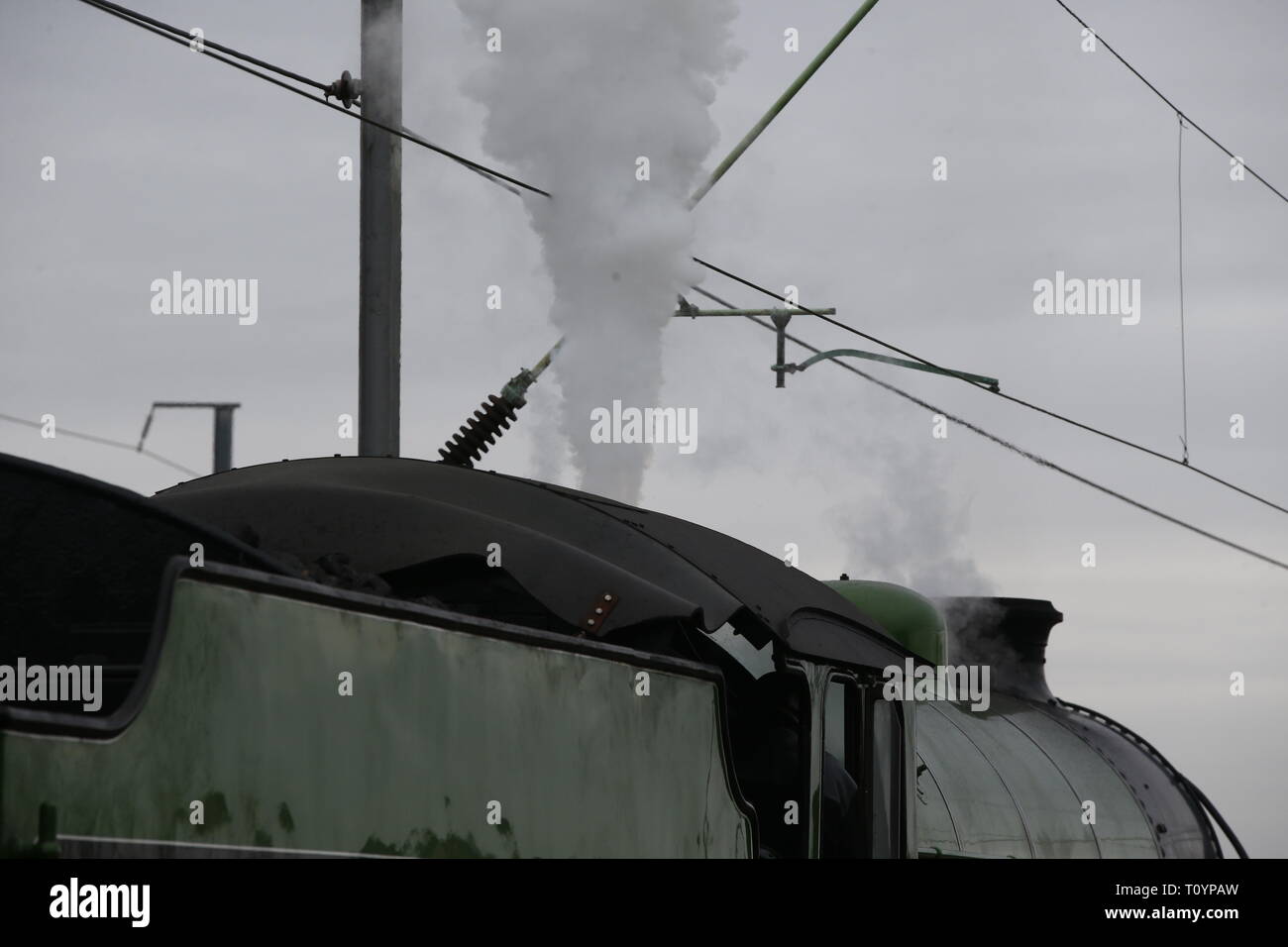 Rainham, Regno Unito. 23 marzo, 2019. Mayflower attraversando il paese di Essex lato e fermandosi a Rainham Essex stazione. Il Mayflower 61306 è uno dei due sopravvissuti di B1 locomotive classe fu costruito per il London & North Eastern Railway, 61306 Mayflower è uno dei due sopravvissuti di B1 classe locomotive. Il B1's erano concepiti come il traffico misto di locomotori in grado di tirare express treni passeggeri nonché il traffico merci. Come potente, andare ovunque i motori, il B1's ha lavorato in tutta la maggior parte del Regno Unito della rete ferroviaria da East Anglia in Scozia. Credit: Azione Foto Sport/Alamy Live News Foto Stock