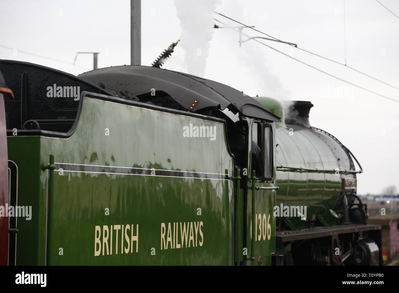 Rainham, Regno Unito. 23 marzo, 2019. Mayflower attraversando il paese di Essex lato e fermandosi a Rainham Essex stazione. Il Mayflower 61306 è uno dei due sopravvissuti di B1 locomotive classe fu costruito per il London & North Eastern Railway, 61306 Mayflower è uno dei due sopravvissuti di B1 classe locomotive. Il B1's erano concepiti come il traffico misto di locomotori in grado di tirare express treni passeggeri nonché il traffico merci. Come potente, andare ovunque i motori, il B1's ha lavorato in tutta la maggior parte del Regno Unito della rete ferroviaria da East Anglia in Scozia. Credit: Azione Foto Sport/Alamy Live News Foto Stock